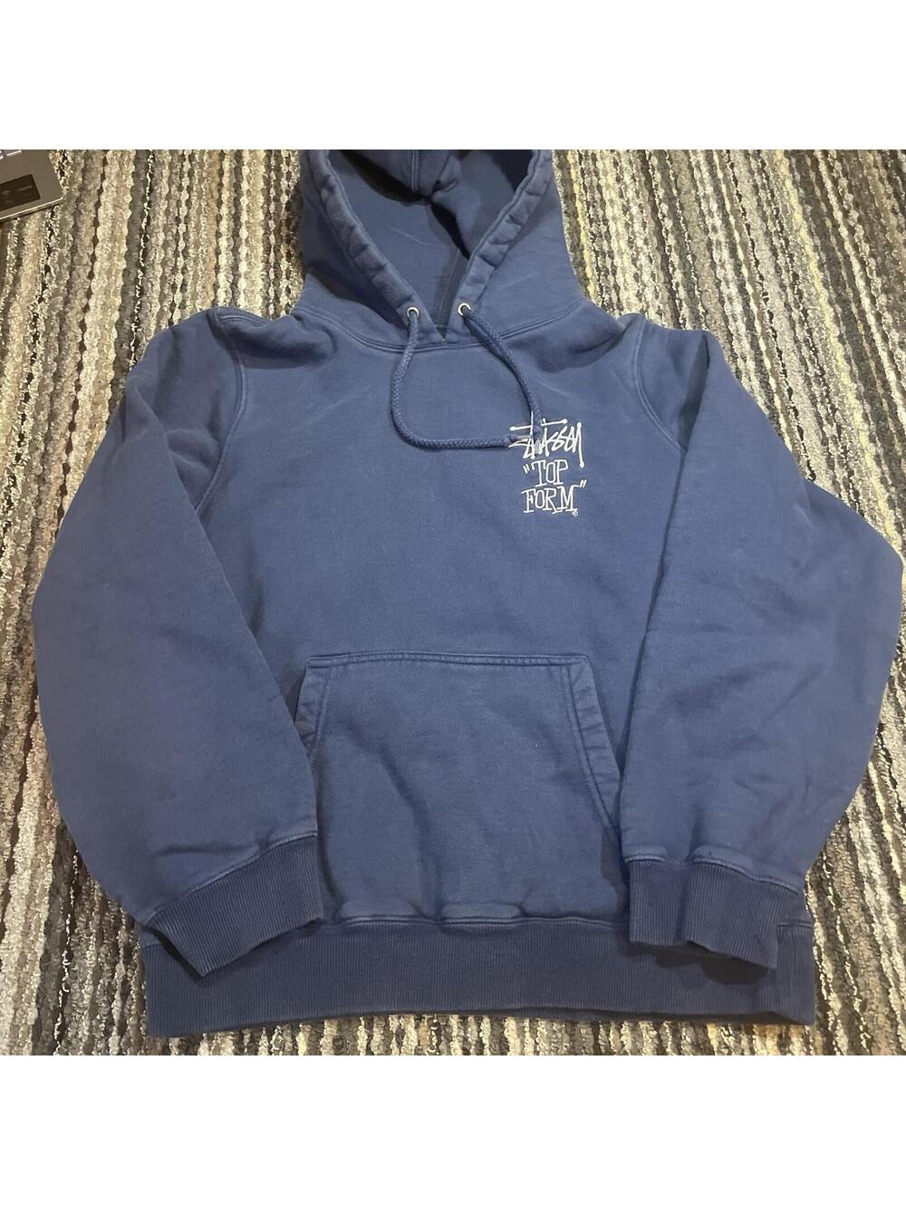 Y2K Stussy Mens ‘Top Form’ Embroidered Logo Pullover Hoodie Size M (Fits S) Blue